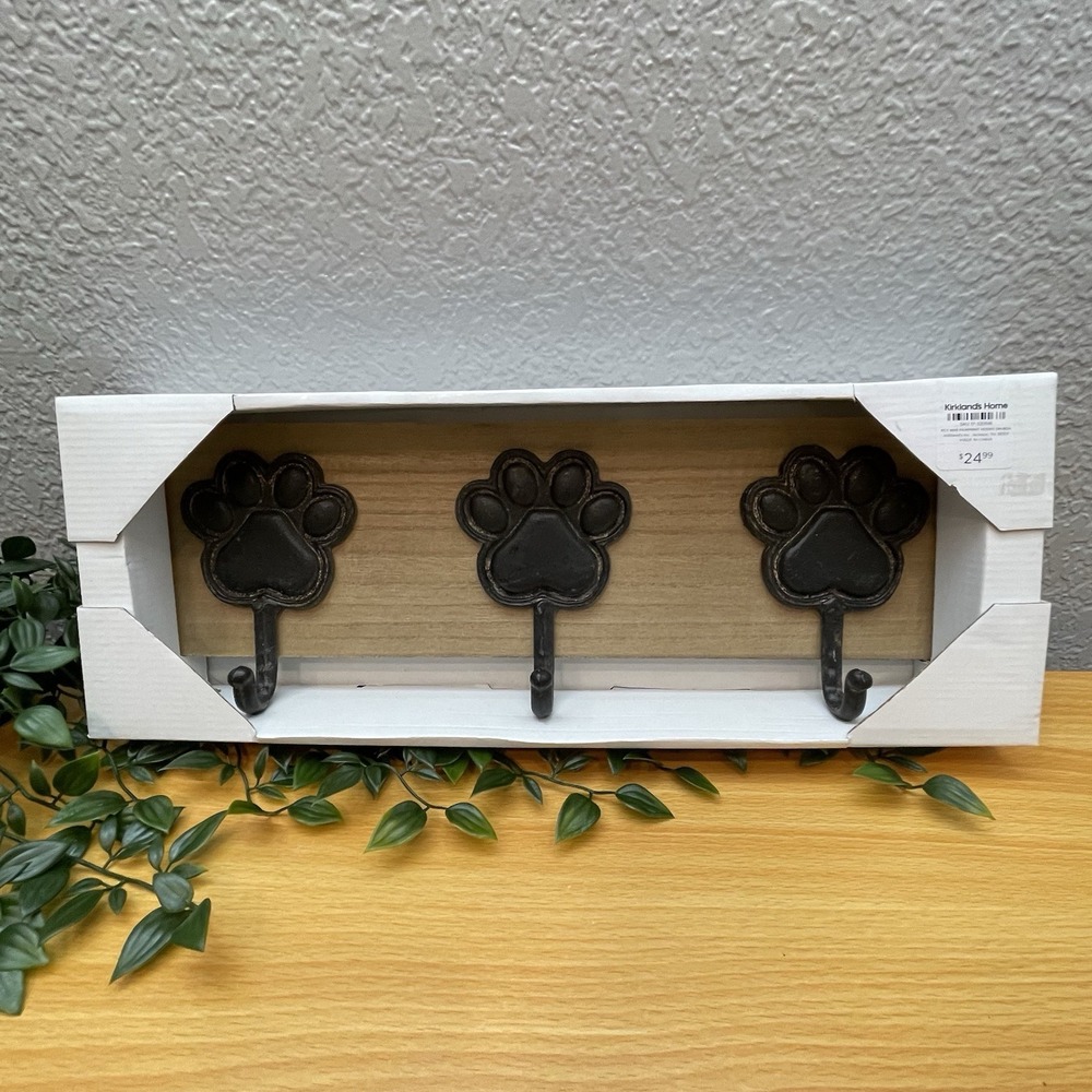NEW Kirklands Paw Print Wall Hook Rack Wood Metal 3 Hook Pet Leash Hanger Rustic